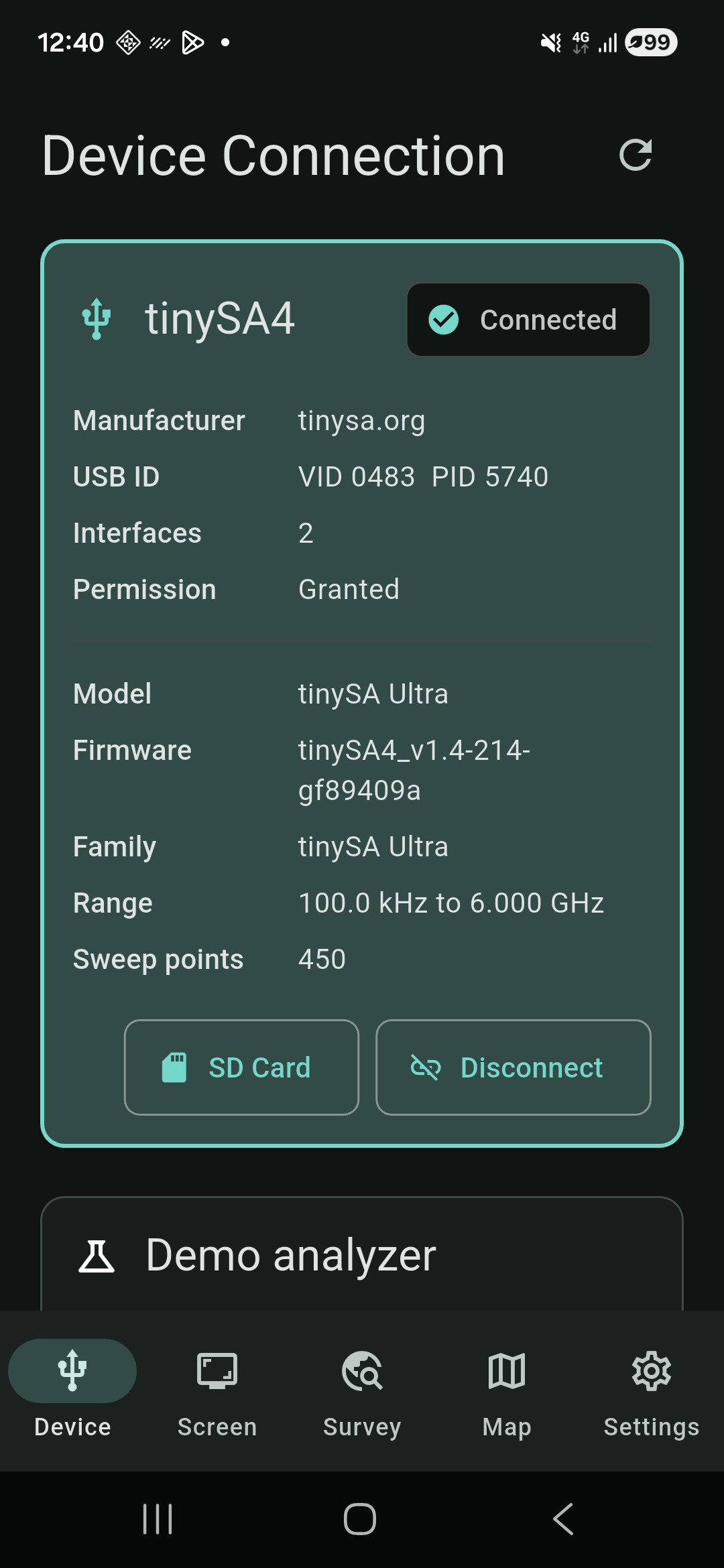 RF Survey Companion showing a connected tinySA Ultra