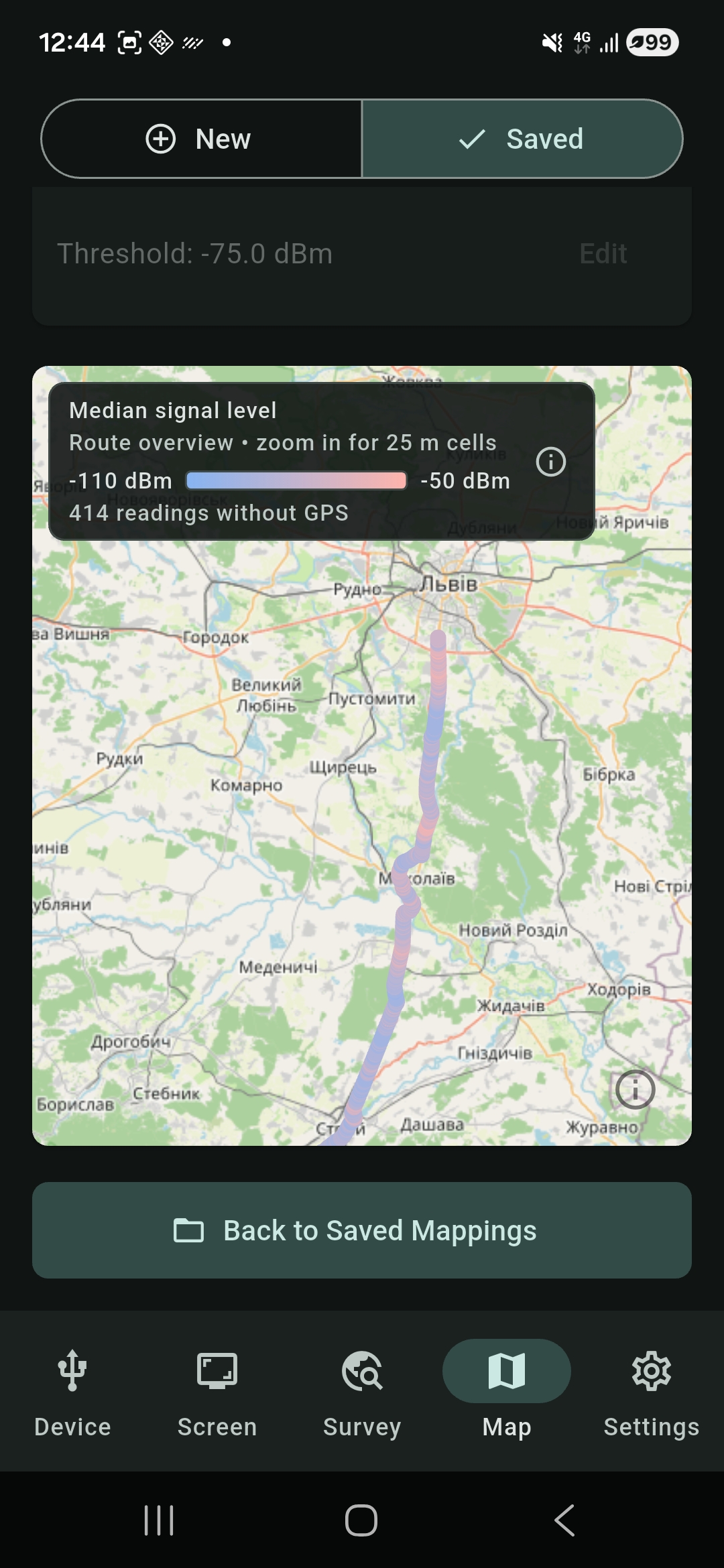Saved route map colored by median signal level