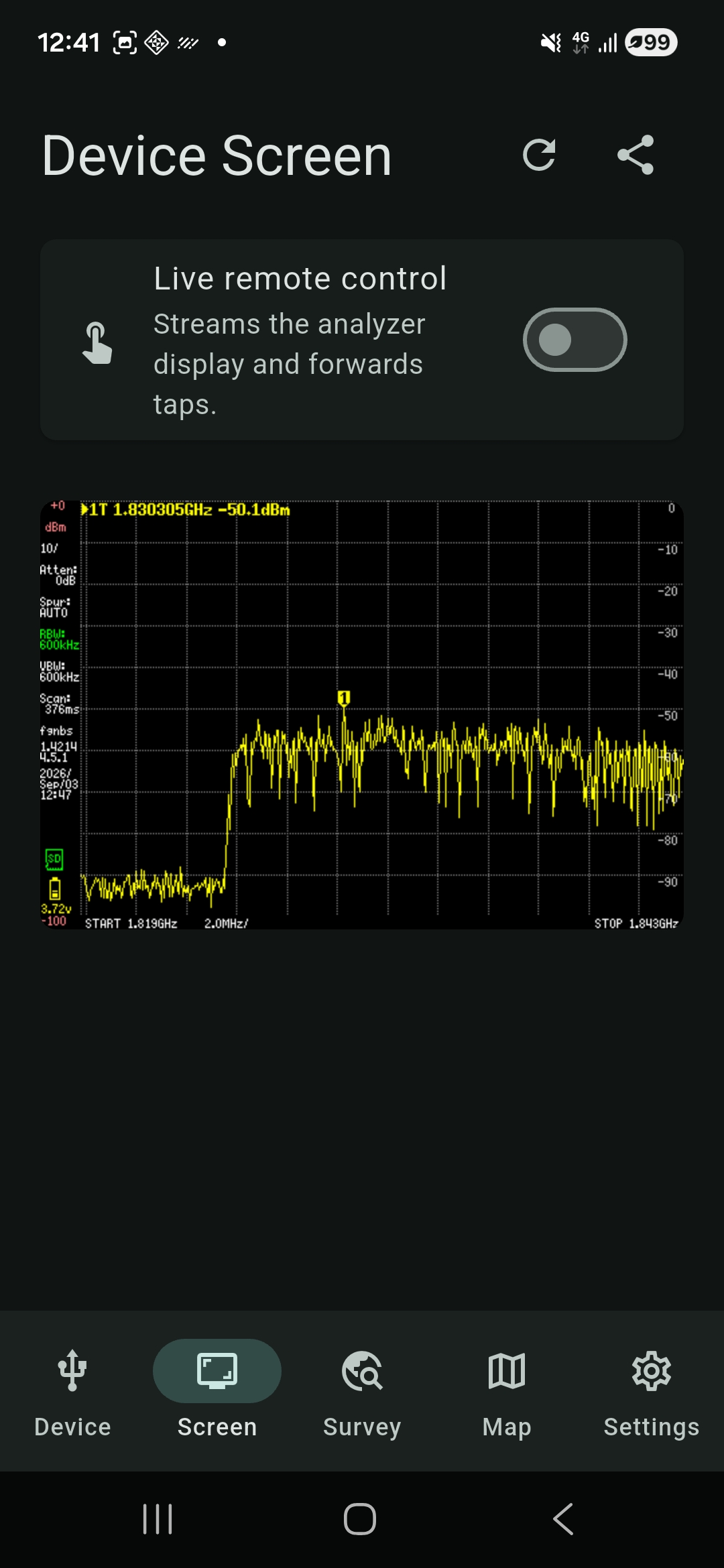 Live remote control showing the tinySA spectrum display